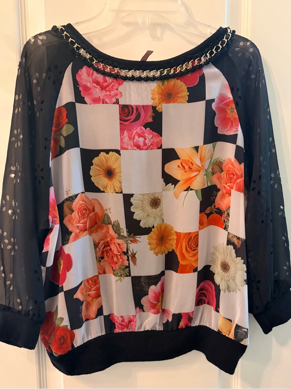 Mauve Floral Checkered Blouse with Sheer Black Sleeves & Gold Accent Neckline